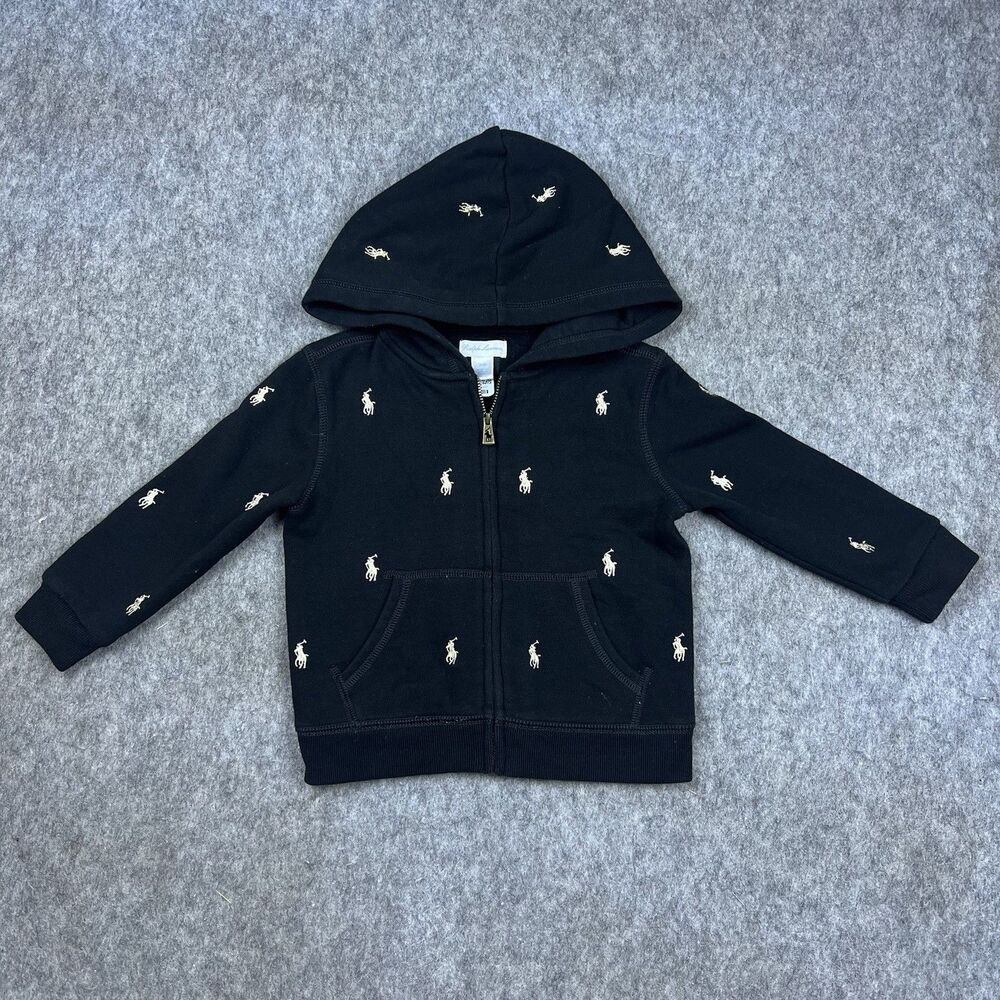 Ralph Lauren Baby Zip Up Hoodie Black All Over Pony Embroidered Fleece Size 24m